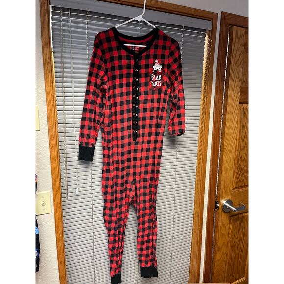 Lazy One Bear Hugs Red Buffalo Plaid Union Suit Pajamas S One-Piece Flapjack PJ - Picture 2 of 3